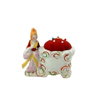 Victorian Lady Porcelain Pin Cushion 3.5" Hand Painted Floral Swirl Japan Kitsch